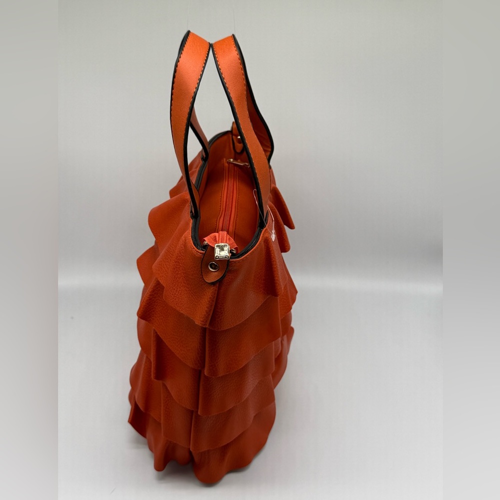 NWOT Orange Ruffle Layered Tote Bag with Handles & Zip - Picture 5 of 11
